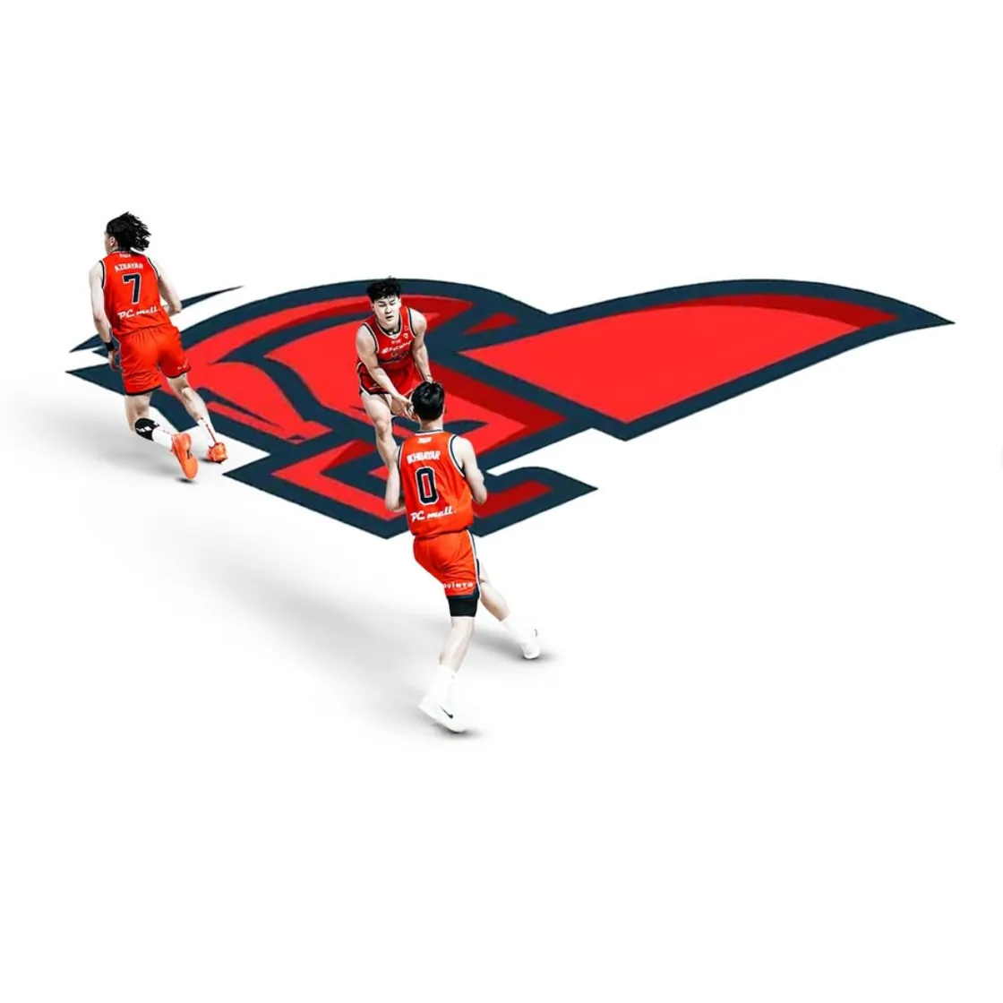 Three Broncos players crossing the club crest painted on the court